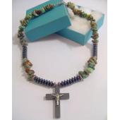 Silver Jesus Hematite Cross Pendant Turquoise Chip Stone Beads Choker Necklace